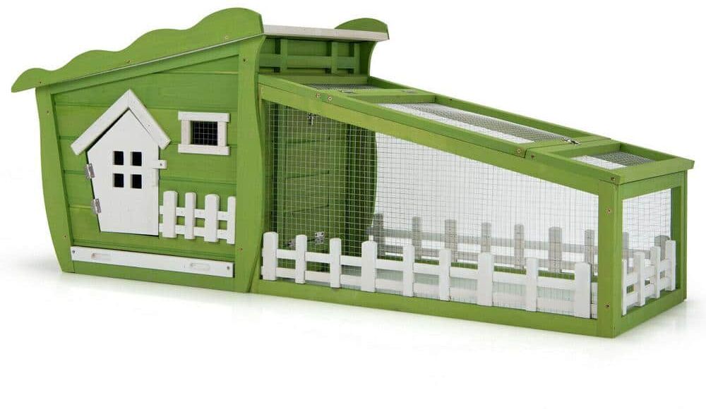 WELLFOR 62 in. Wooden Cute Rabbit Hutch Bunny Cage Small Animal House Chicken Coop in Green with Removable Tray