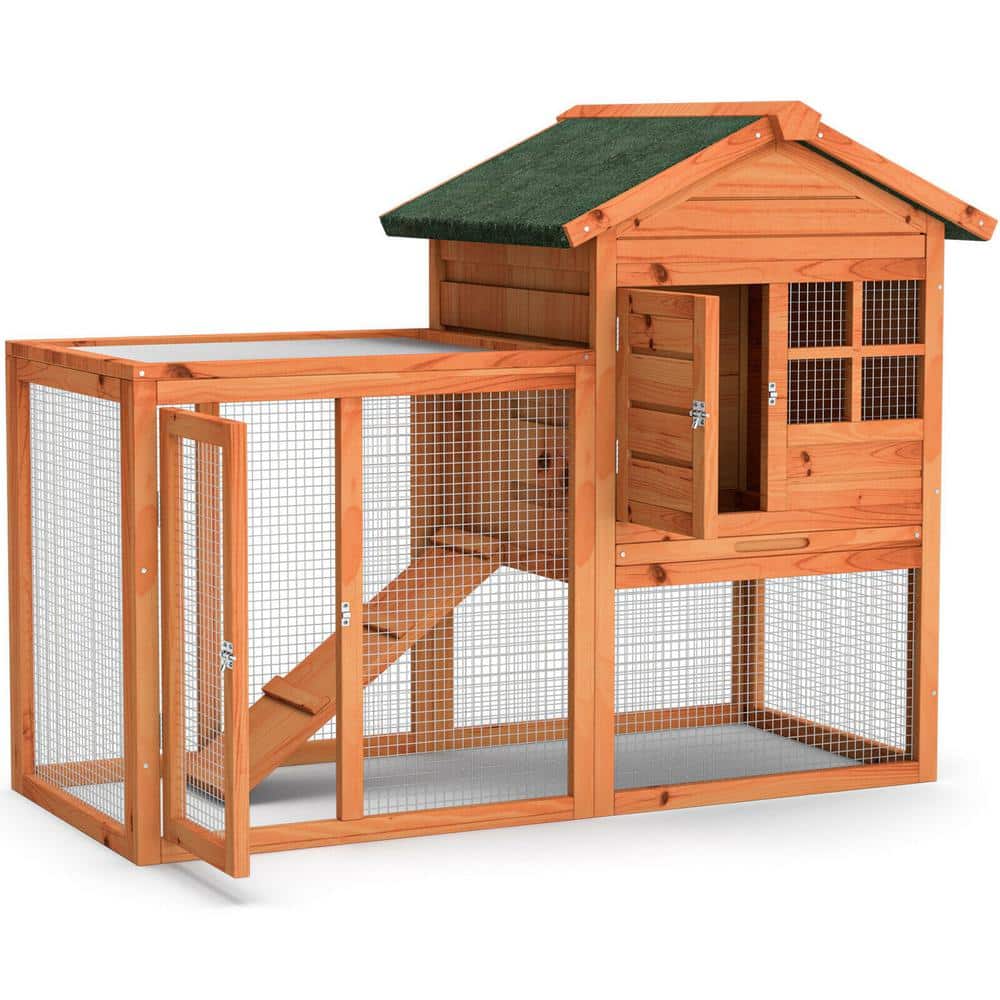 WELLFOR 2-Story Wooden Rabbit Hutch Bunny Cage Small Animal House Shelter House in Natural with Ramp and Removable Tray