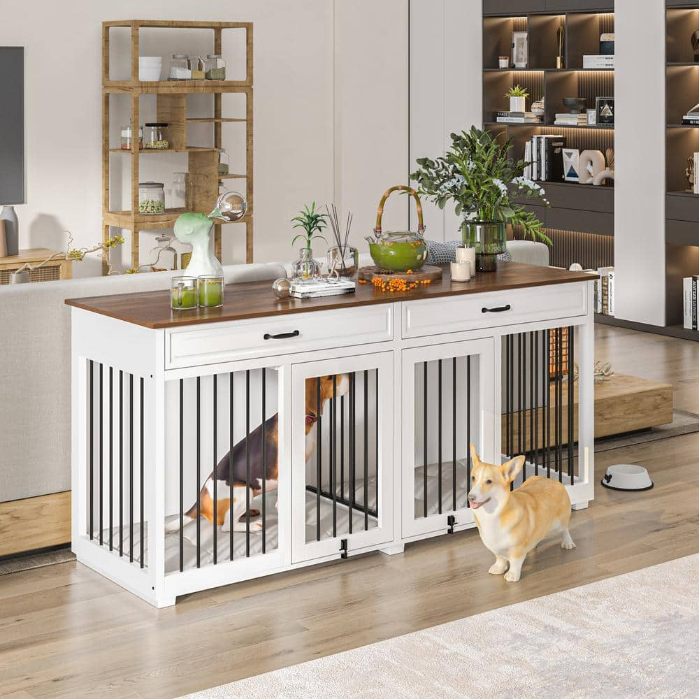 FUFU&GAGA Indoor Large Furniture Style Dog House Kennel with 2 Drawers, Large Dog Crate Cage Furniture for 2 Medium Dogs, White