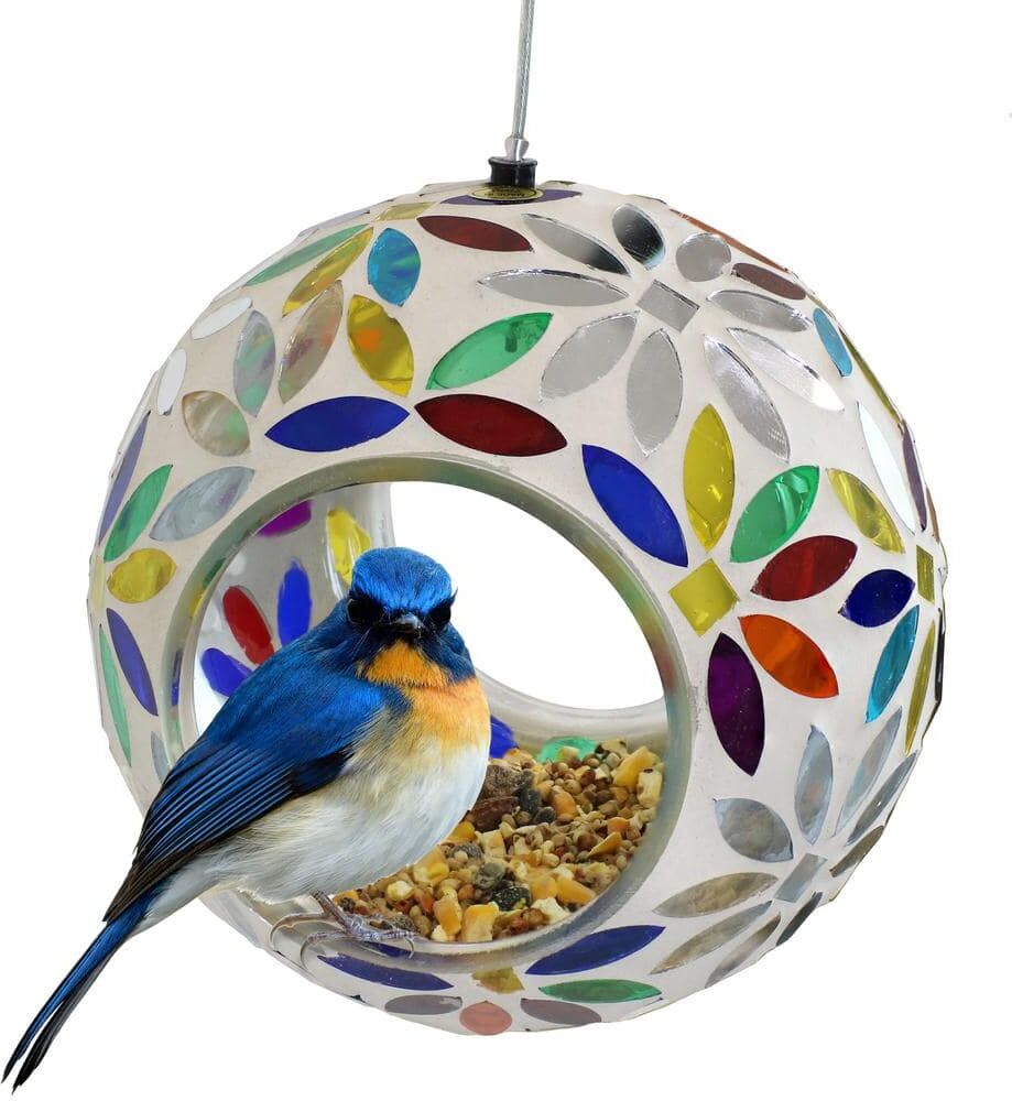 Sunnydaze Decor 6 in. Rainbow Daisies Mosaic Glass Fly-Through Hanging Bird Feeder