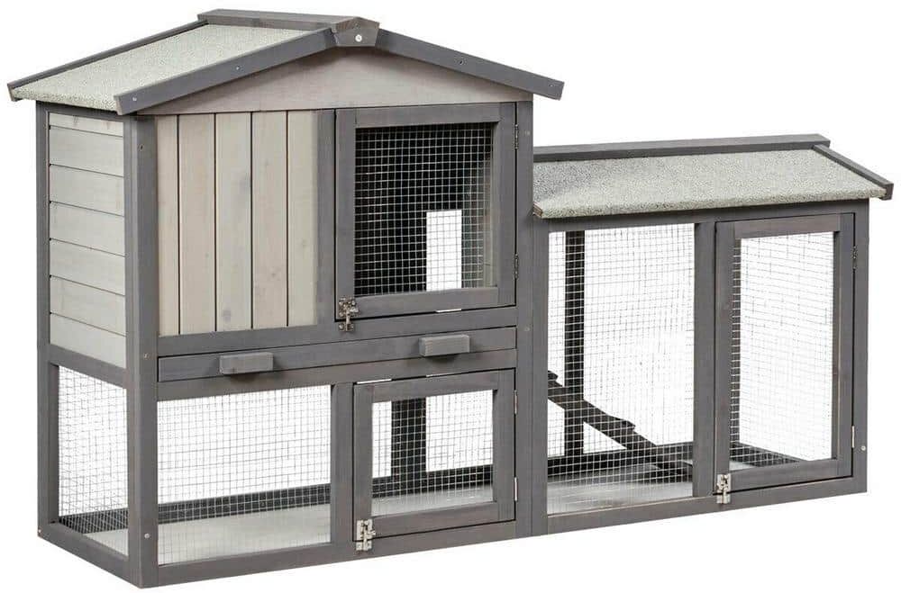 WELLFOR 2-Story Wooden Rabbit Hutch Bunny Cage Small Animal House Chicken Coop in Gray with Ramp and Removable Tray