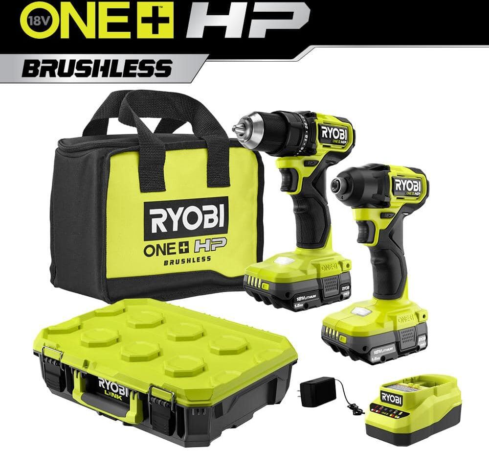 RYOBI ONE+ HP 18V Brushless Cordless Compact Drill & Impact Driver Kit w/Batteries, Charger, and Bag w/LINK Standard Tool Box