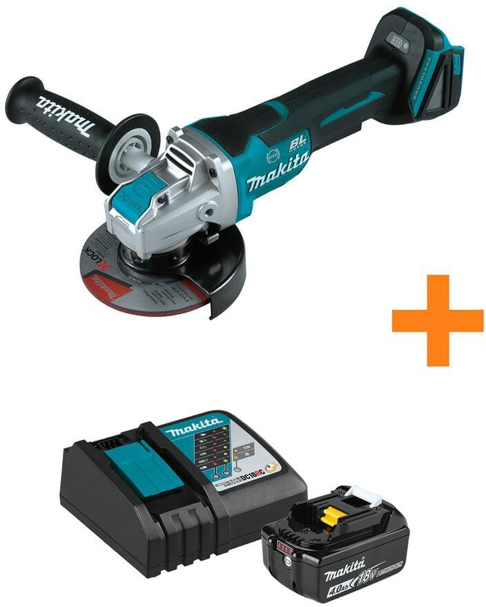 Makita 18V LXT Brushless Cordless 4-1/2 in./5 in. Paddle Switch X-LOCK Angle Grinder with bonus 18V 4.0Ah LXT Starter Pack