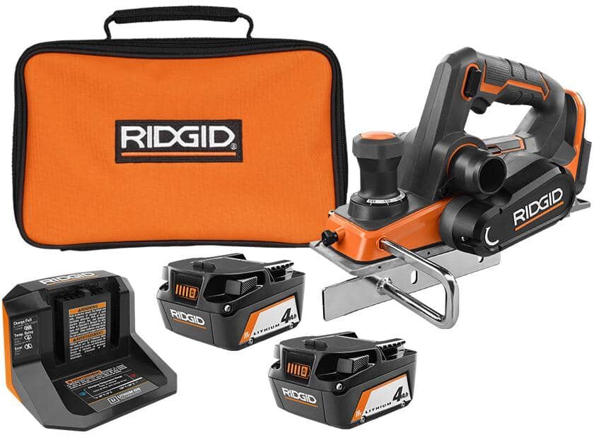 RIDGID 18V Brushless Cordless 3-1/4 in. Hand Planer with Dust Bag, (2) 4.0 Ah Batteries, 18V Charger, and Bag