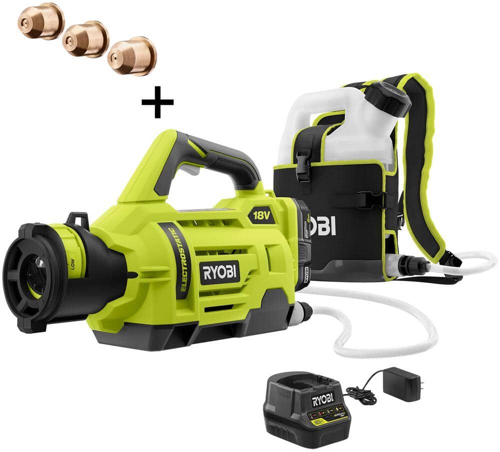 RYOBI ONE+ 18V Cordless Electrostatic 1 Gal. Sprayer w/ Extra (2) Med. & (1) High Nozzles, (2) 2.0 Ah Batteries, & (1) Charger