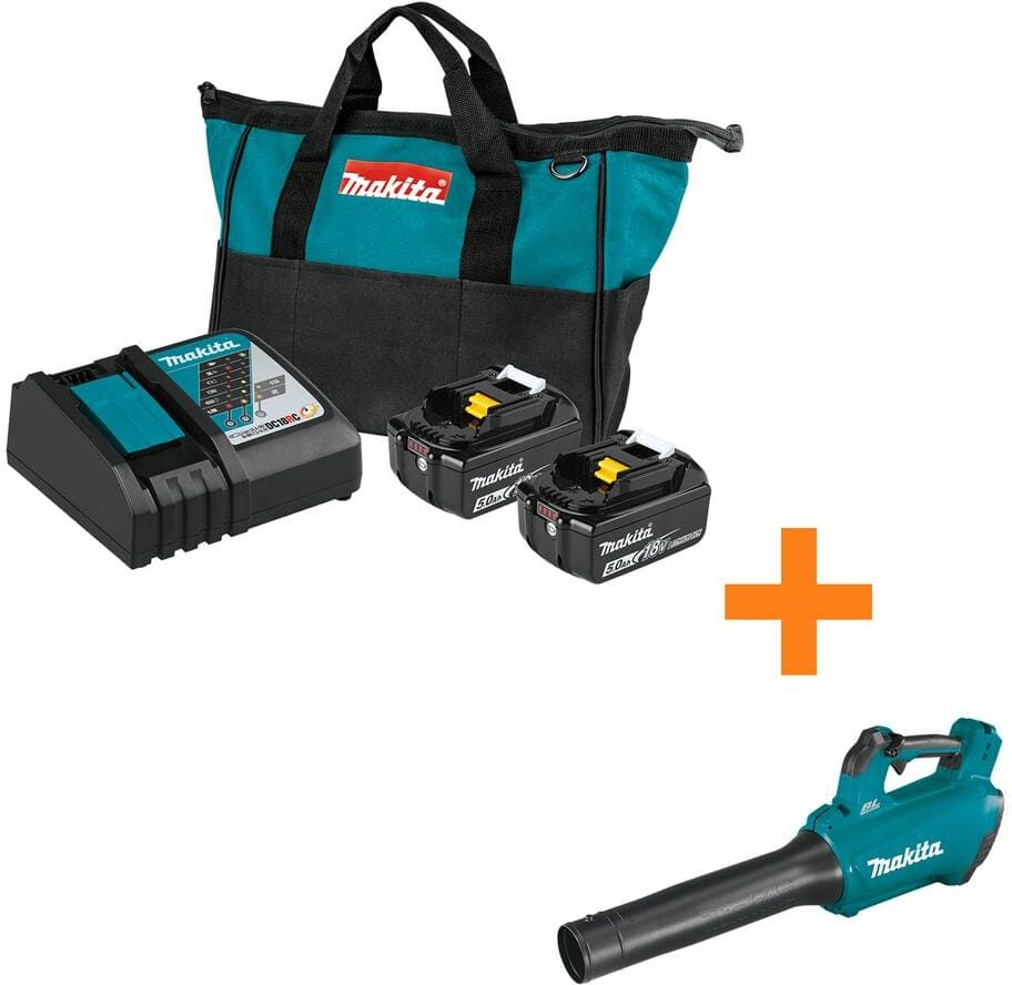 Makita 18V LXT Lithium-Ion Battery and Rapid Optimum Charger Starter Pack (5.0Ah) with bonus 18V LXT Brushless Blower