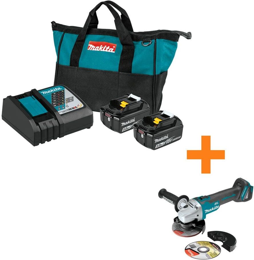 Makita 18V LXT Battery and Rapid Optimum Charger Starter Pack (5.0Ah) with bonus 18V LXT Brushless Cut-Off/Angle Grinder