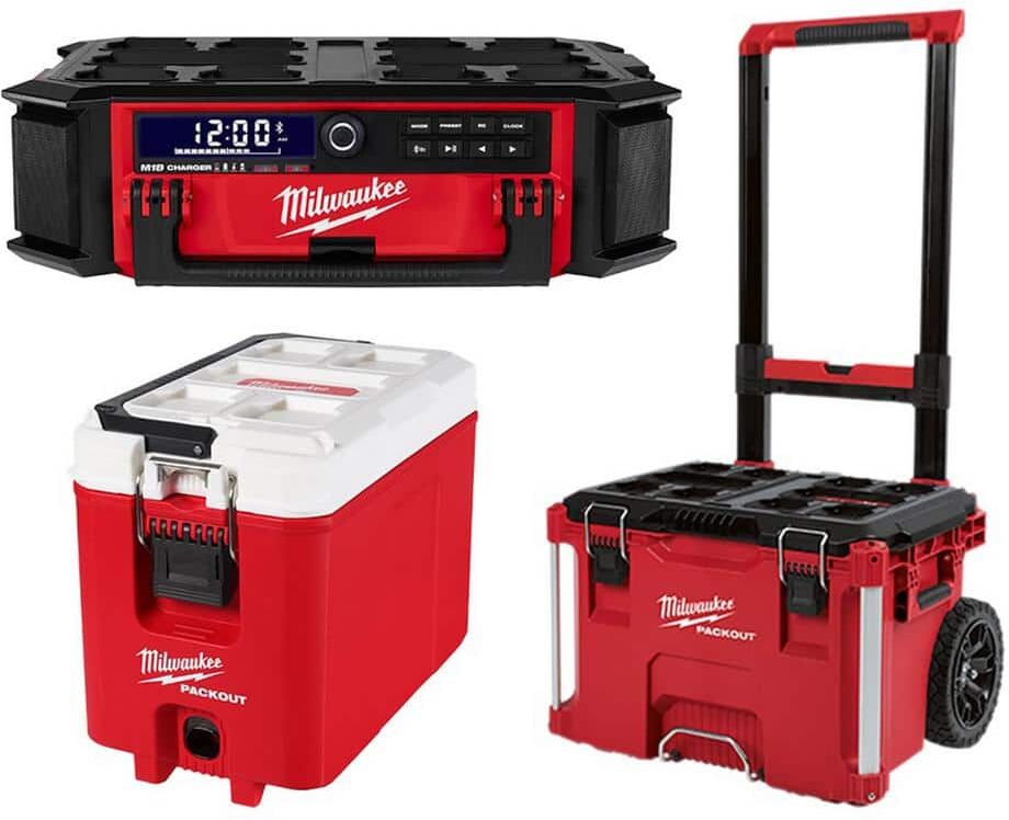 Milwaukee M18 Lithium-Ion Cordless PACKOUT Radio/Speaker with Built-In Charger w/PACKOUT 22 in. Rolling Tool Box & 16 Qt. Cooler