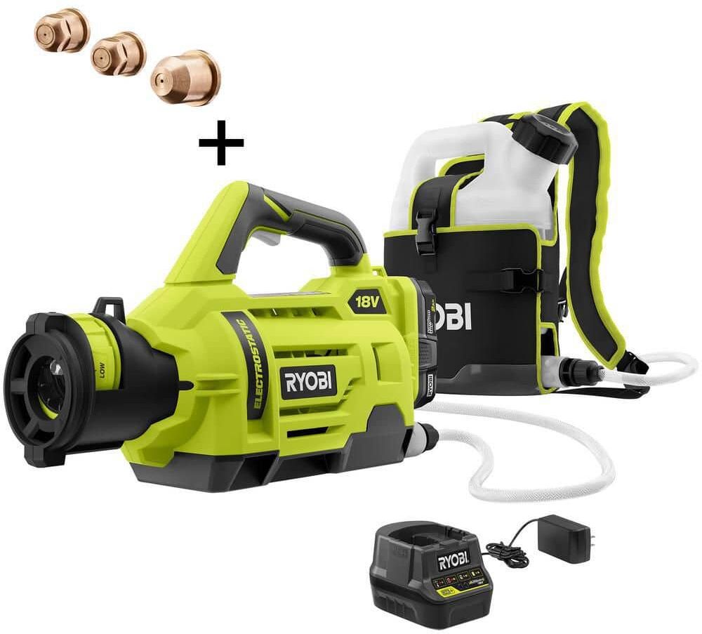 RYOBI ONE+ 18V Cordless Electrostatic 1 Gal. Sprayer w/ Extra (2) Low & (1) High Nozzles, (2) 2.0 Ah Batteries, & (1) Charger