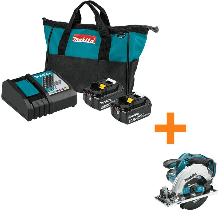 Makita 18V LXT Lithium-Ion Battery and Rapid Optimum Charger Starter Pack (5.0Ah) with bonus 18V LXT 6-1/2 in. Circular Saw