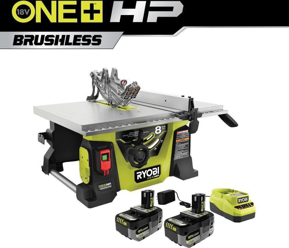 RYOBI ONE+ HP 18V Brushless Cordless 8-1/4 in. Compact Portable Jobsite Table Saw Kit with (2) 4.0 Ah Batteries and Charger