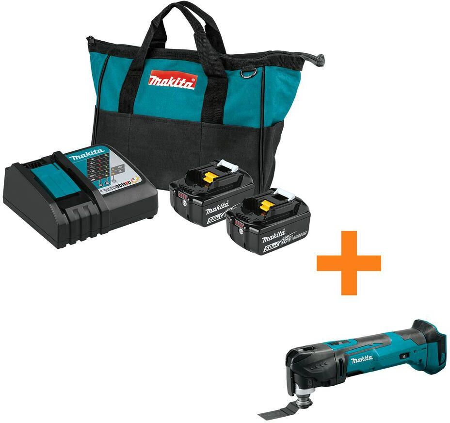 Makita 18V LXT Battery and Rapid Optimum Charger Starter Pack (5.0Ah) with bonus 18V LXT Oscillating Multi-Tool