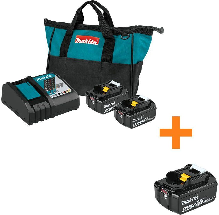 Makita 18-Volt LXT Lithium-Ion Battery and Rapid Optimum Charger Starter Pack (5.0Ah) with bonus 18V LXT Battery 5.0Ah