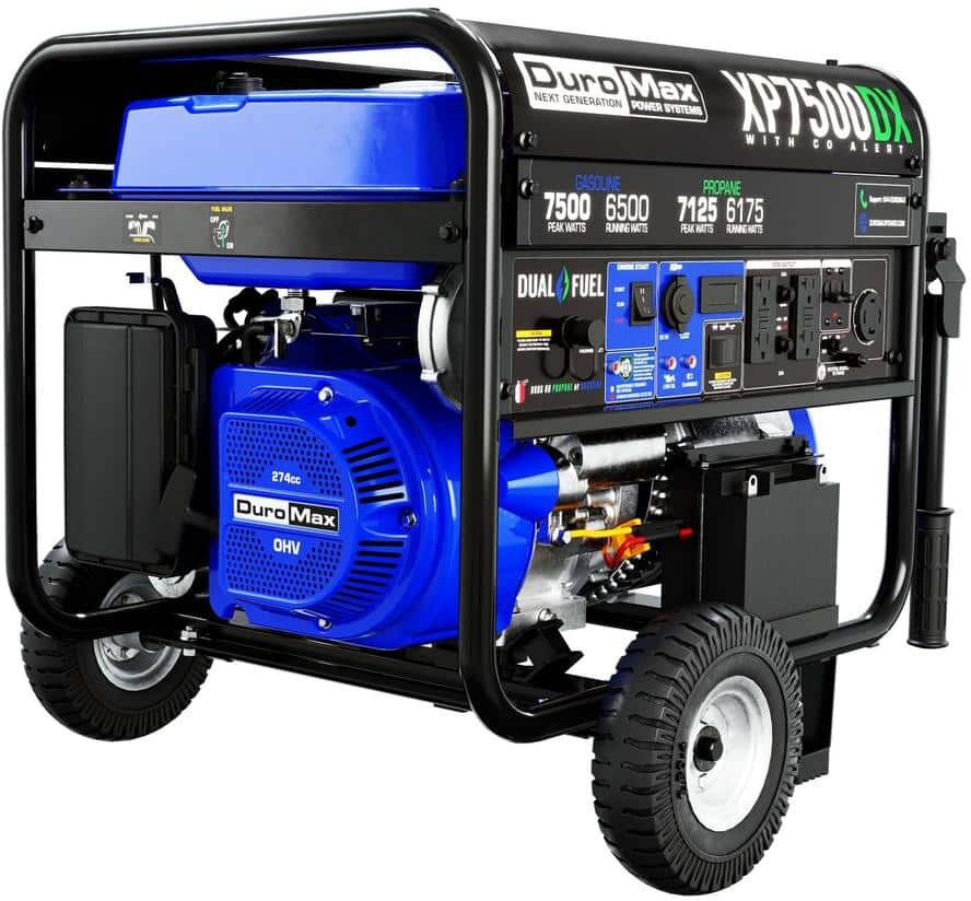 DUROMAX 7,500-Watt/6,500-Watt 274 cc Electric Start Dual Fuel Gas Propane Portable Home Power Back Up Generator with CO Alert