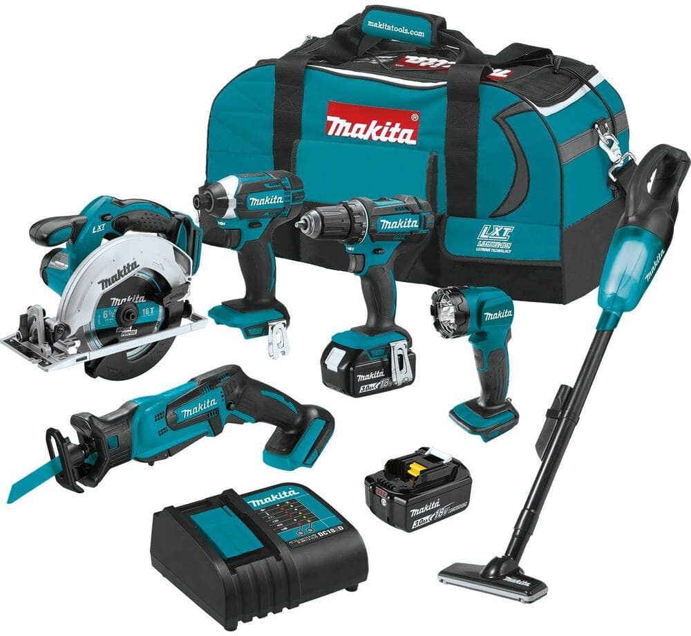 Makita 18V Lithium-Ion Cordless 6-Piece Kit (Drill-Driver/ Impact Driver/ Circular Saw/ Recipro Saw/ Vacuum/ Light) 3.0Ah