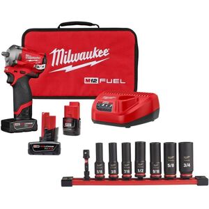 Milwaukee M12 FUEL 12V Lithium-Ion Brushless Cordless Stubby 3/8 in. Impact Wrench with Bonus Battery and 8pc Socket Set