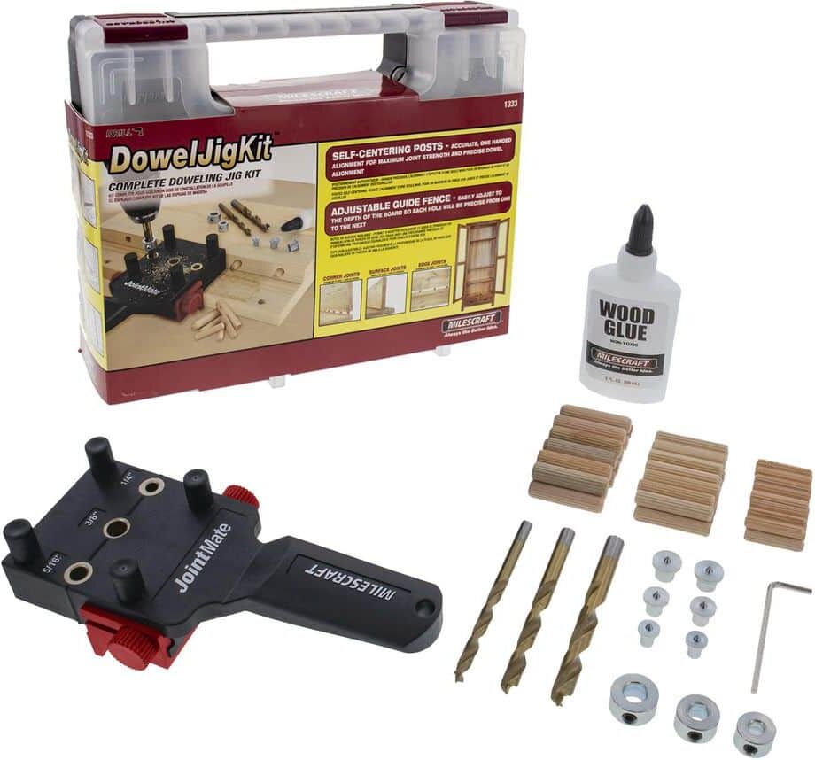 Milescraft Dowel Jig Kit 1/4 in. 5/16 in. 3/8 in. Complete Doweling Jig Kit Includes Dowel Pins, Drill Bits, Depth Stops, Glue