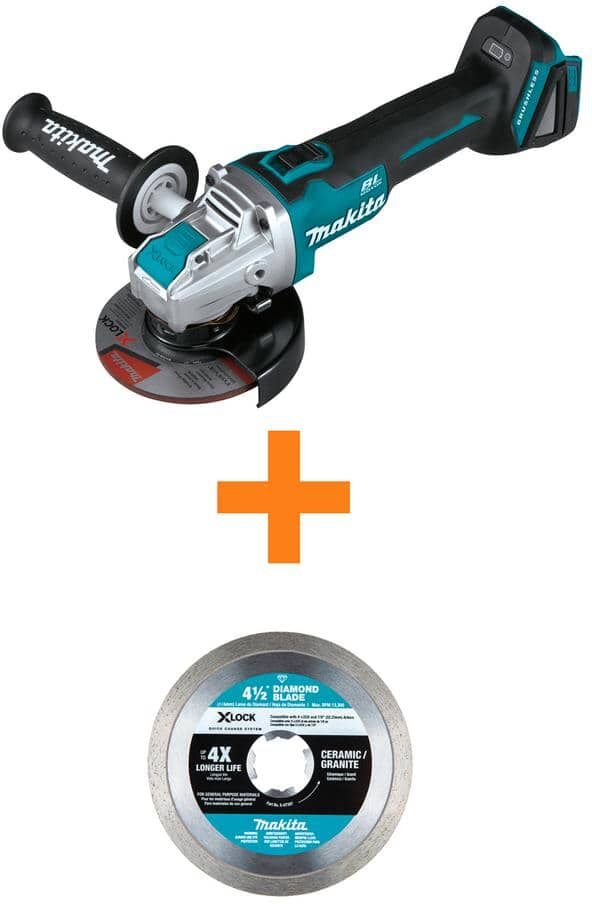 Makita 18V LXT Cordless BL 4.5/5 in. X-LOCK Angle Grinder, Tool Only with Bonus X-LOCK 4.5 in. Ceram/Granite Cutting Blade