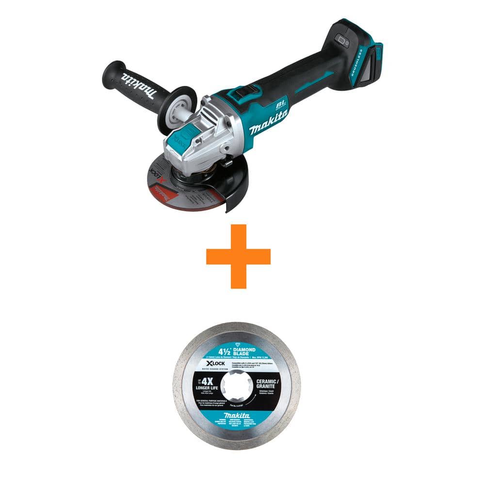 Makita 18V LXT Cordless BL 4.5/5 in. X-LOCK Paddle Switch Grinder Tool Only with Bonus X-LOCK 4.5 in. Cer/Gran Cutting Blade
