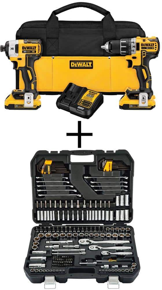 DeWalt 20V MAX XR Cordless Brushless Drill/Impact 2 Tool Combo Kit, Mech Tool Set (200 Piece), (2) 20V 2.0Ah Batteries