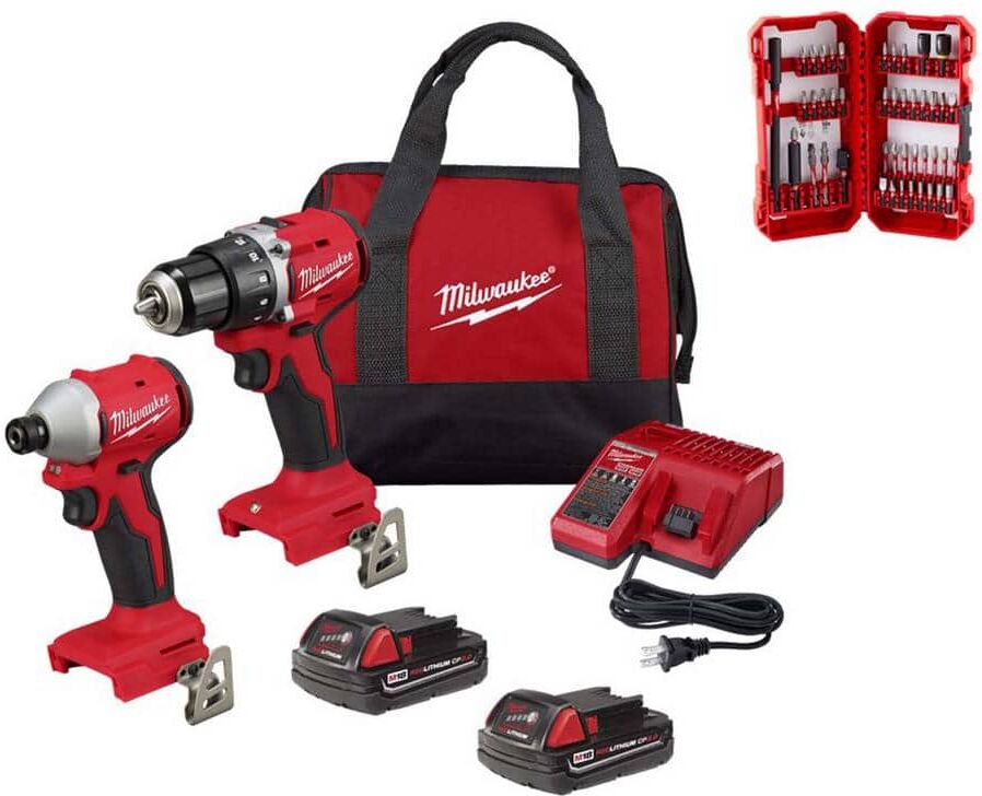 Milwaukee M18 18V Lithium-Ion Brushless Cordless Compact Drill/Impact Combo Kit (2-Tool) with SHOCKWAVE Screw Driver Bit Set