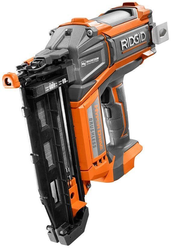 RIDGID 18V Brushless Cordless HYPERDRIVE 16-Gauge 2-1/2 in. Straight Finish Nailer(Tool Only), Belt Clip, Bag, Sample Nails