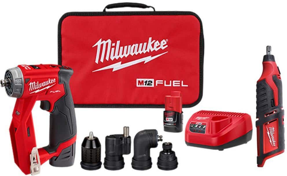 Milwaukee M12 FUEL 12V Lithium-Ion Brushless Cordless 4-in-1 Installation 3/8 in. Drill Driver Kit with M12 Rotary Tool