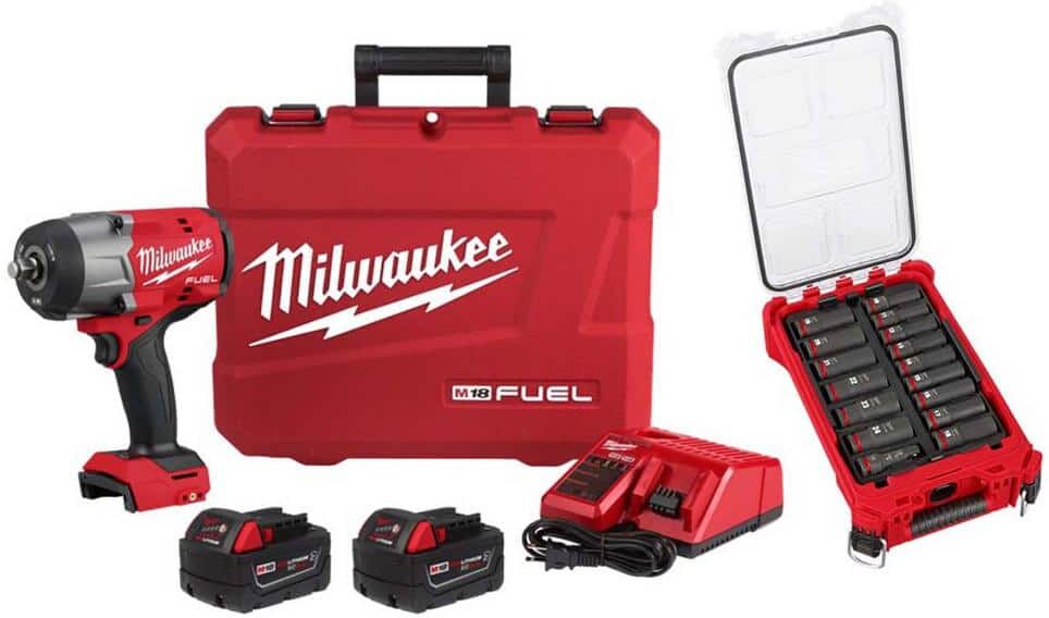 Milwaukee M18 FUEL 18V Lithium-Ion Brushless Cordless High-Torque 1/2 in. Impact Wrench w/Friction Ring Kit and Impact Socket Set