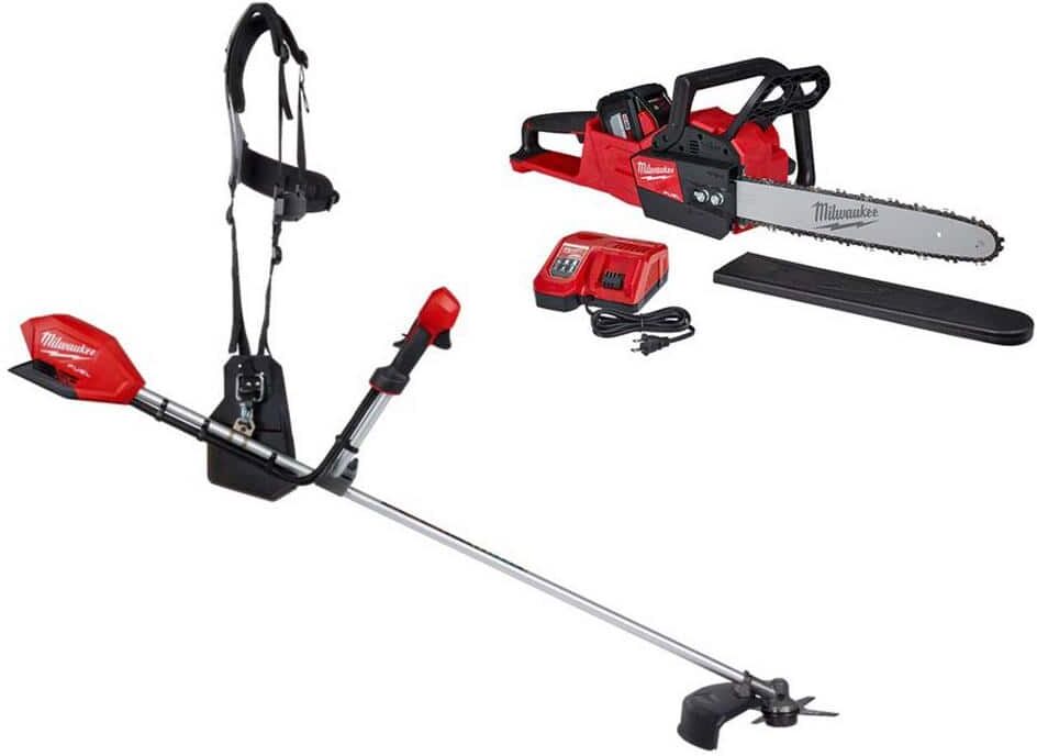 Milwaukee M18 FUEL 18V Lithium-Ion Brushless Cordless Brush Cutter w/M18 FUEL 16 in. Chainsaw 12.0 Ah Battery Charger (2-Tool)