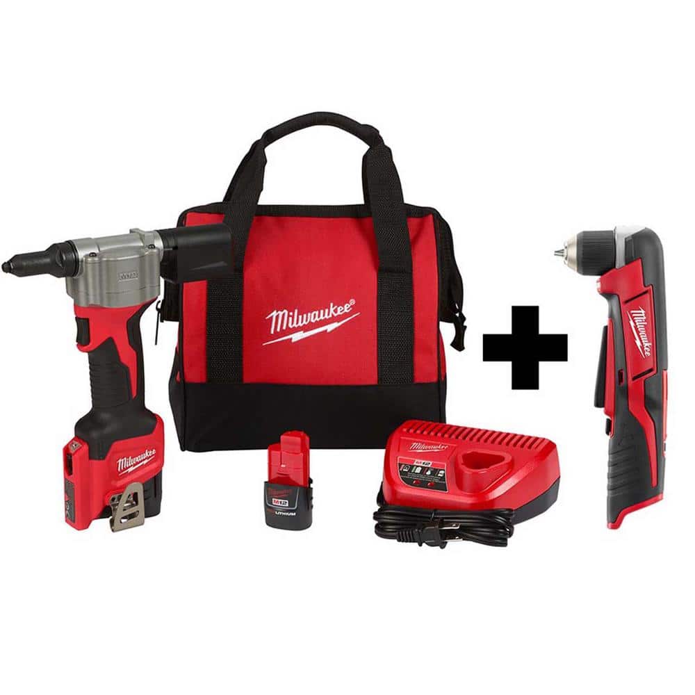 Milwaukee M12 12-Volt Lithium-Ion Cordless Rivet Tool Kit with Free M12 Right Angle Drill