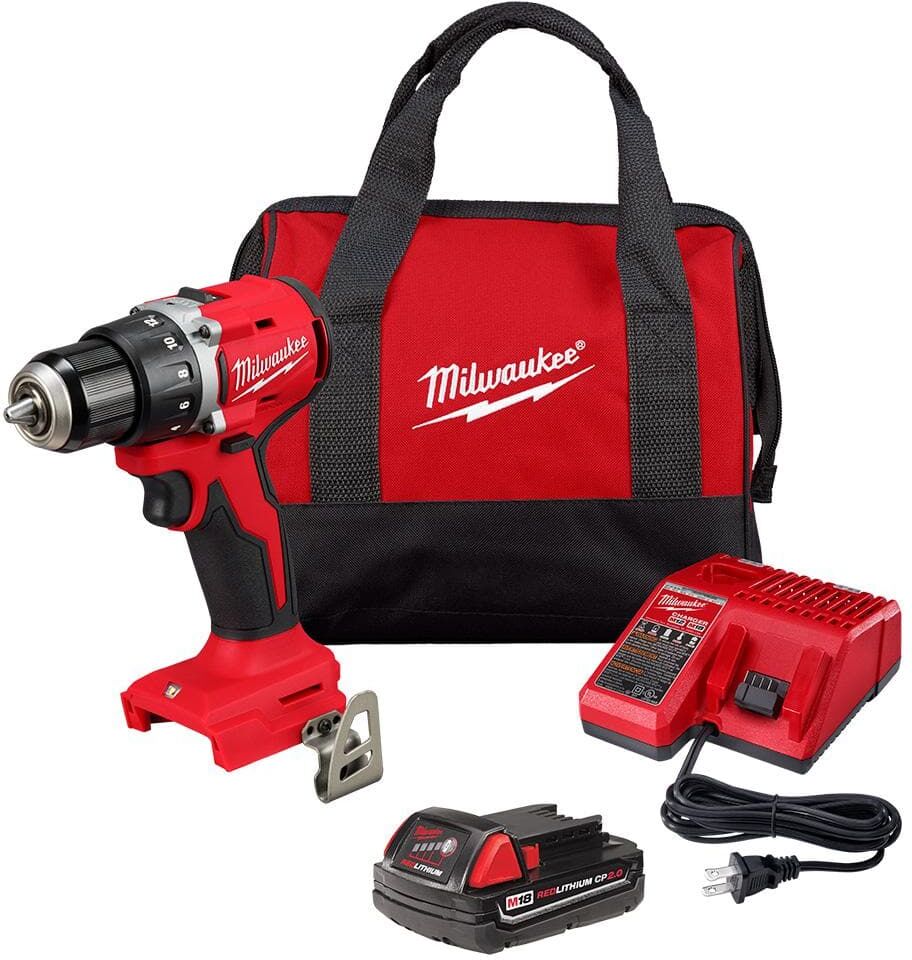 Milwaukee M18 18V Lithium-Ion Brushless Cordless 1/2 in. Compact Drill/Driver with One 2.0 Ah Battery, Charger and Tool Bag