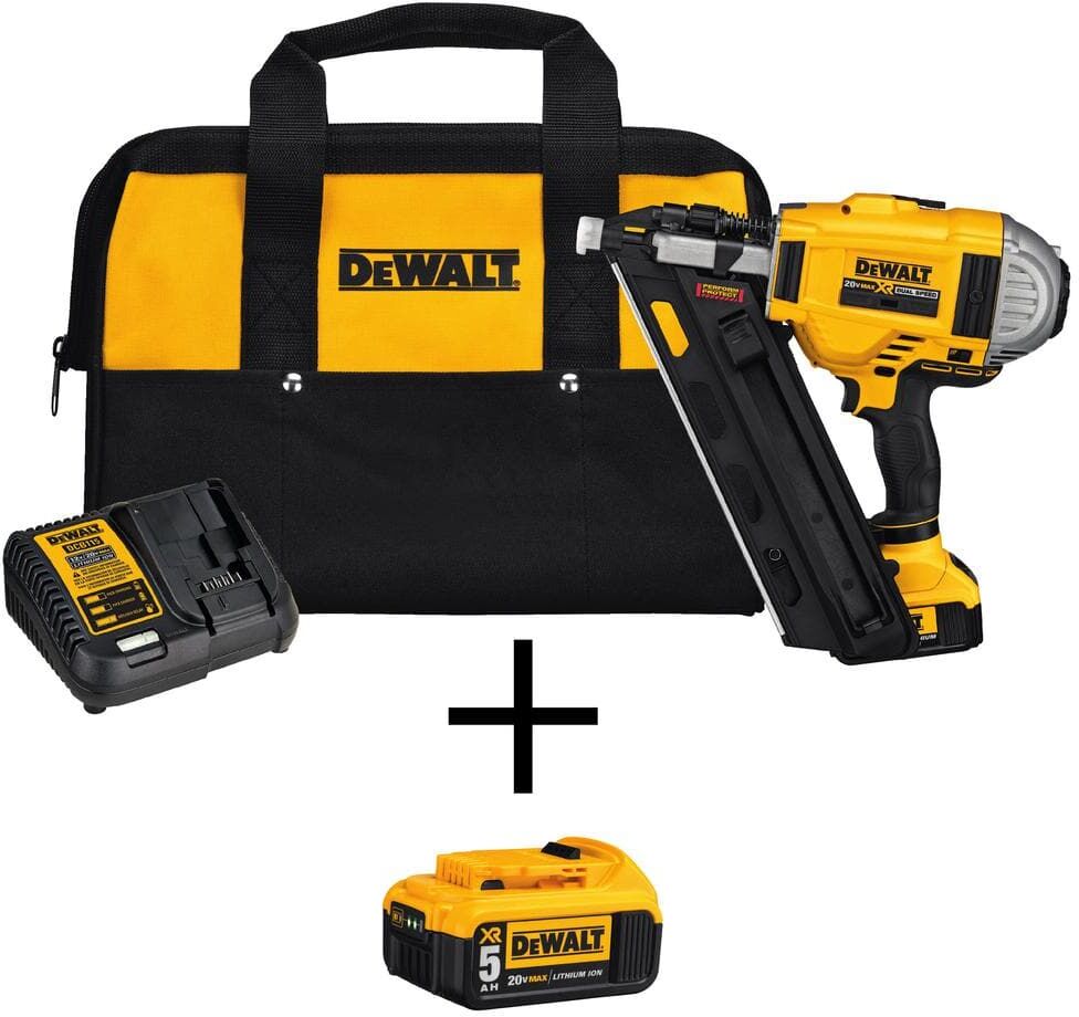 DeWalt 20V MAX XR Lithium-Ion 30-Degree Cordless Brushless 2-Speed Framing Nailer with 4Ah & 5Ah Batteries, Charger and Bag