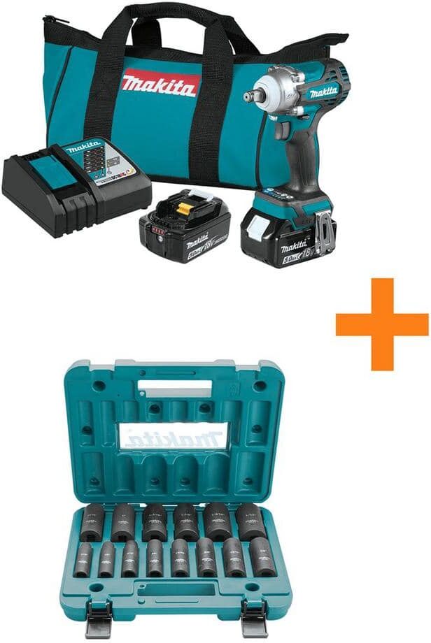 Makita 18V LXT Brushless Cordless 1/2 in. Impact Wrench Kit w/Friction Ring Anvil 5.0Ah w/bonus 1/2 in. Impact Socket Set