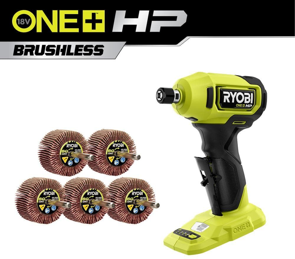 RYOBI ONE+ HP 18V Brushless Cordless Compact 1/4 in. Right Angle Die Grinder (Tool Only) with 60 Grit Flap Wheel Set (5-Piece)