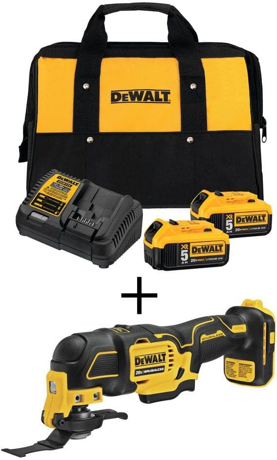 DeWalt ATOMIC 20V MAX Cordless Brushless Oscillating Multi Tool, (2) 20V XR Premium Lithium-Ion 5.0Ah Batteries, and Charger