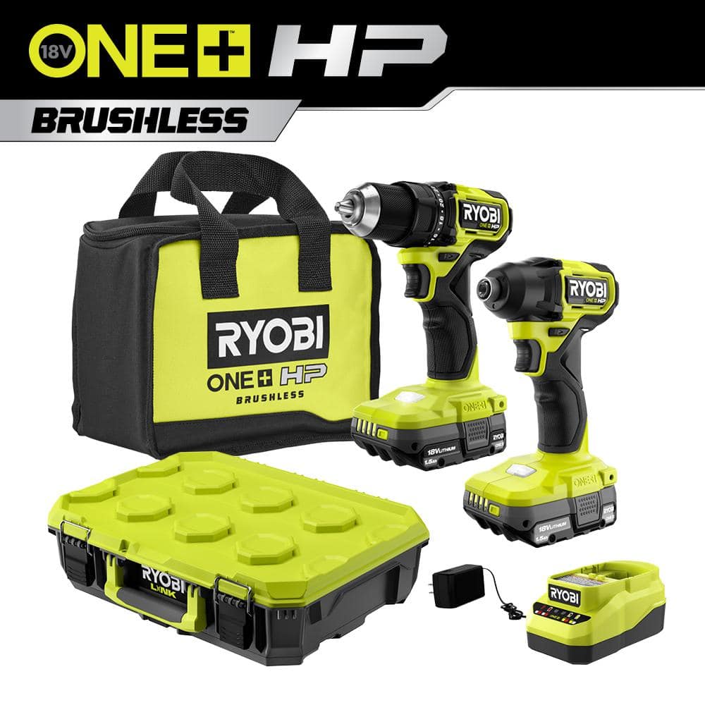 RYOBI ONE+ HP 18V Brushless Cordless Compact Drill & Impact Driver Kit w/Batteries, Charger, and Bag w/LINK Standard Tool Box