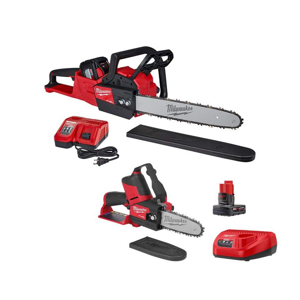 Milwaukee M18 FUEL 16 in. 18V Lithium-Ion Brushless Battery Chainsaw/Pole Saw Kit and M12 FUEL HATCHET Combo Kit (2-Tool)