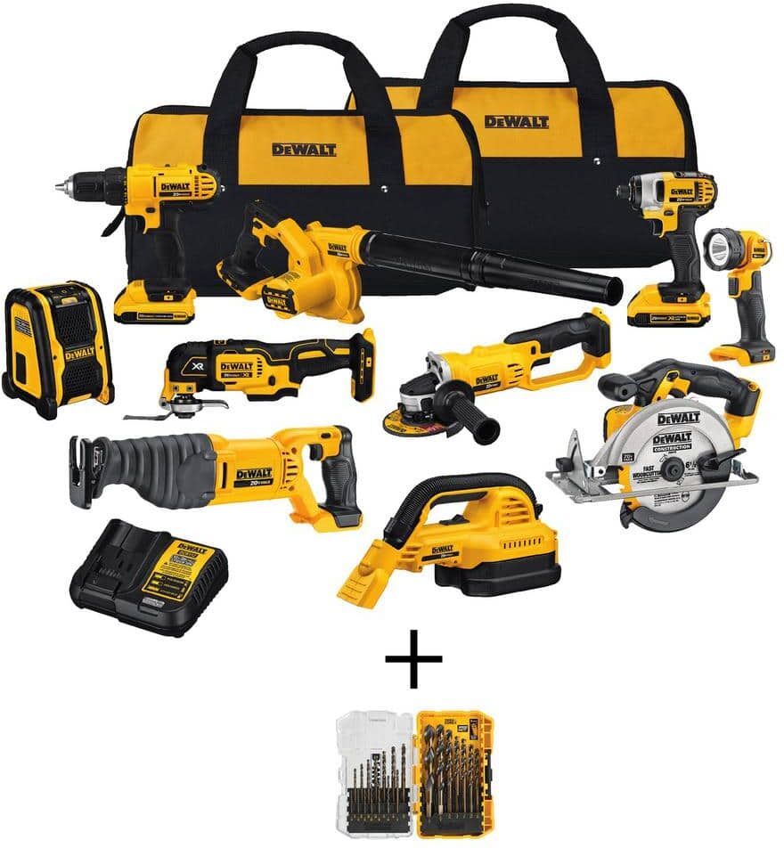 DeWalt 20V MAX Cordless 10 Tool Combo Kit, Black and Gold Drill Bit Set (21 Piece), (2) 2.0Ah Batteries, Charger, and Bag