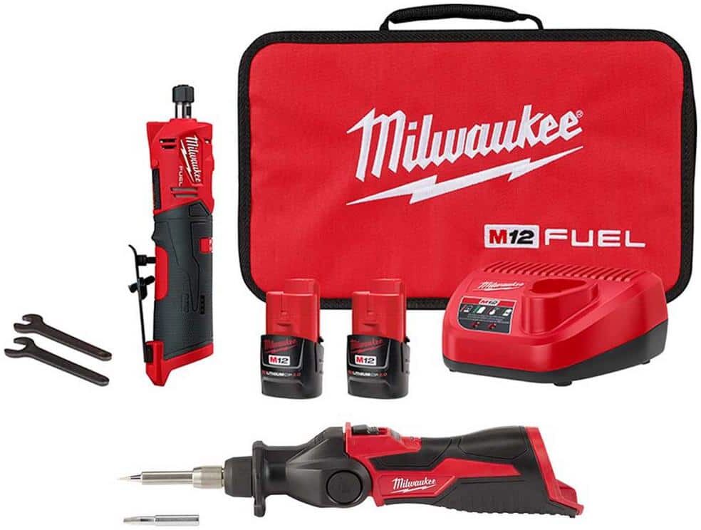 Milwaukee M12 FUEL 12V Lithium-Ion Brushless Cordless 1/4 in. Straight Die Grinder Kit w/M12 Soldering Iron