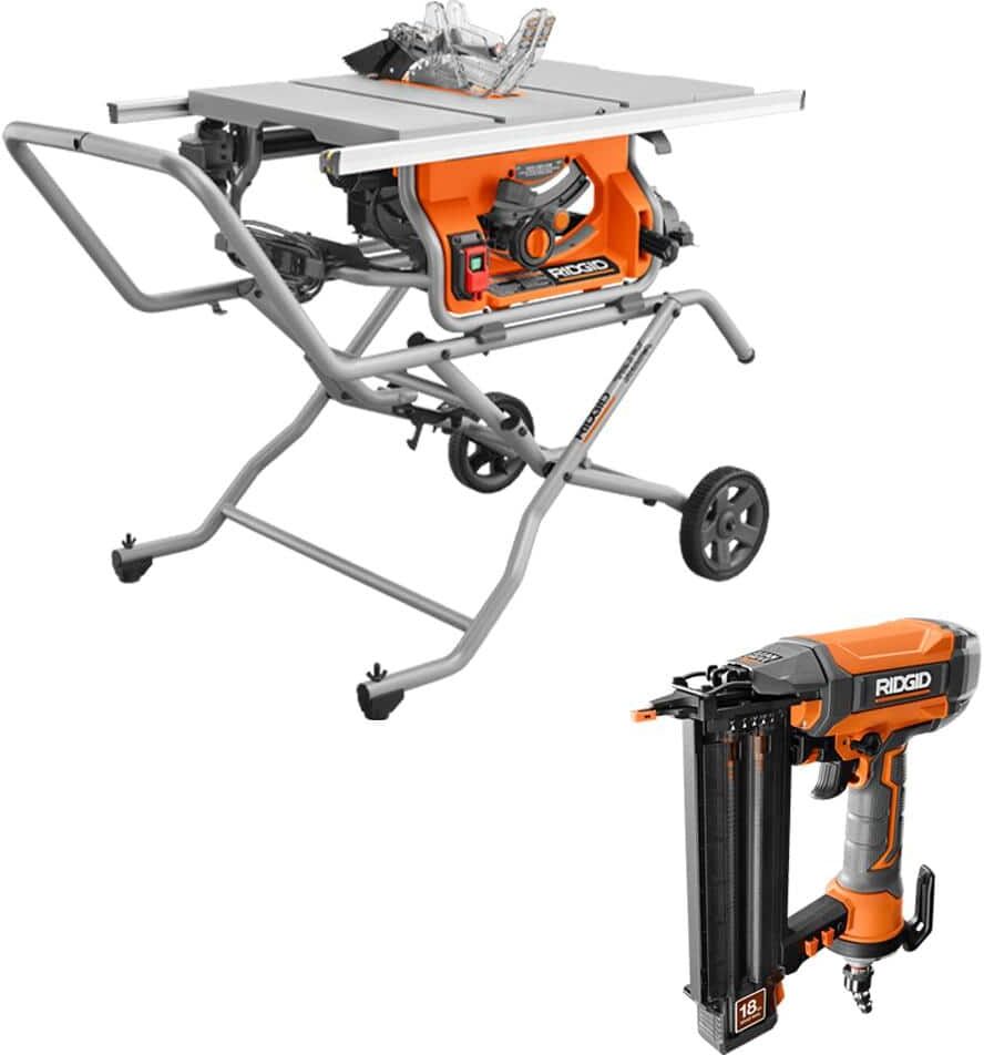 RIDGID 15 Amp 10 in. Portable Pro Jobsite Table Saw with Rolling Stand and Pneumatic 18-Gauge 2-1/8 in. Brad Nailer