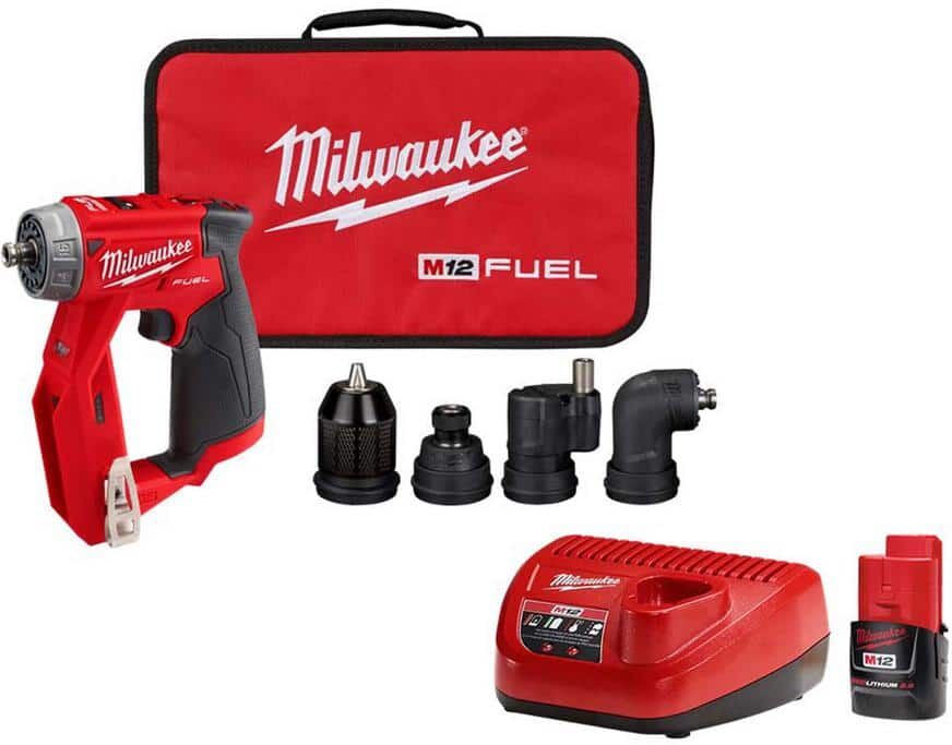 Milwaukee M12 FUEL 12V Lithium-Ion 4-in-1 Installation 3/8 in. Drill Driver w/M12 Battery Pack 2.0Ah and Charger Starter Kit