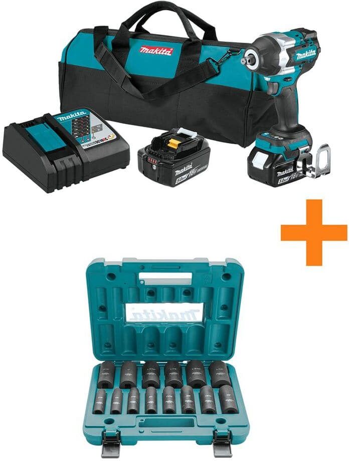 Makita 18V LXT Brushless Cordless 1/2 in. Impact Wrench Kit w/Friction Ring Anvil 5.0Ah w/bonus 1/2 in. Impact Socket Set