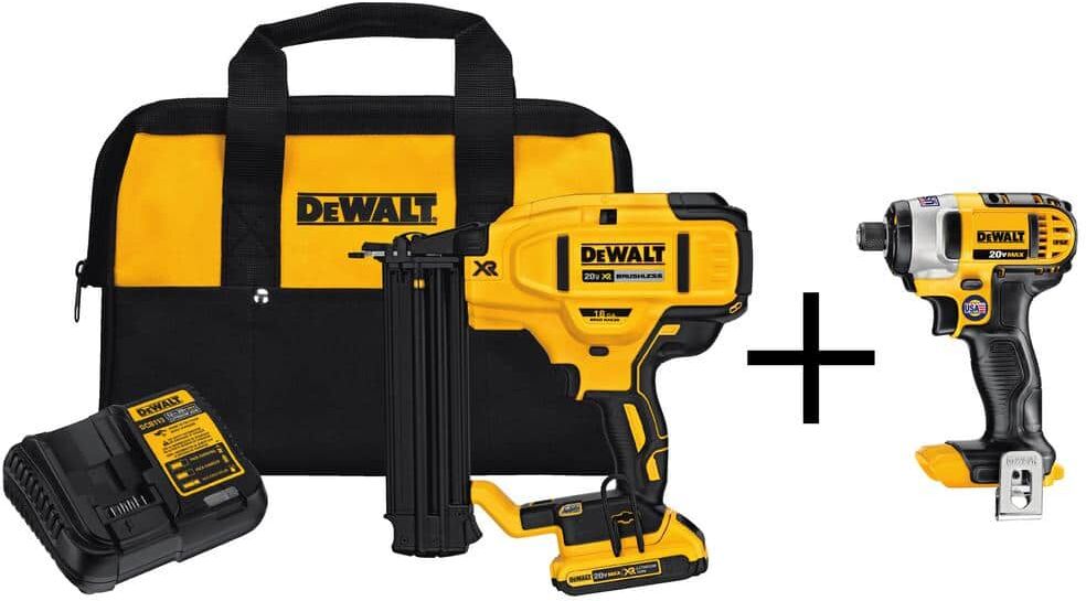 DeWalt 20V MAX XR Lithium-Ion 18-Gauge Cordless Brad Nailer Kit, 1/4 in. Impact Driver, (1) 2.0Ah Battery, and Charger