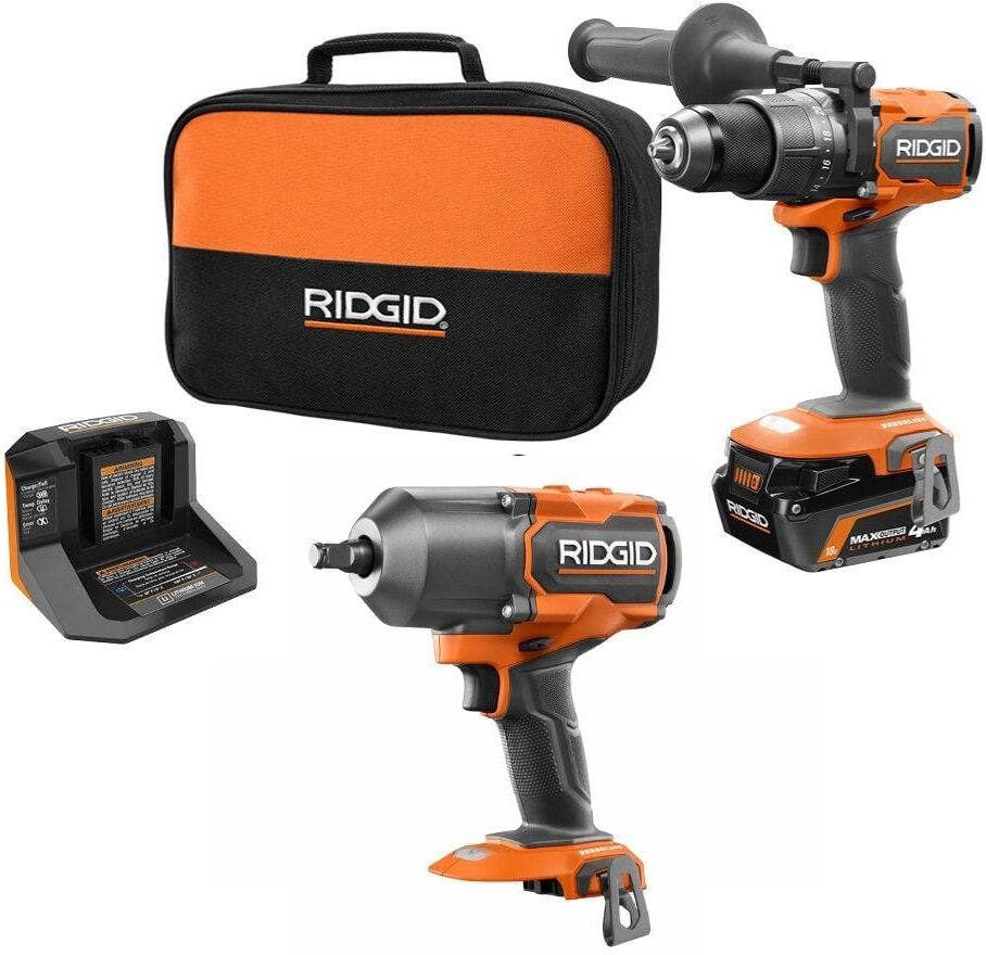 RIDGID 18V Brushless Cordless 2-Tool Combo Kit w/ Hammer Drill/Driver, Impact Wrench, 4.0 Ah MAX Output Battery, Charger, & Bag