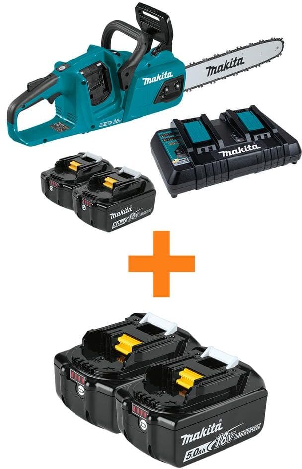 Makita LXT 14 in. 18V X2 (36V) Brushless Electric Battery Chainsaw Kit (5.0Ah) with bonus 18V LXT 5.0 Ah (2-Pack)