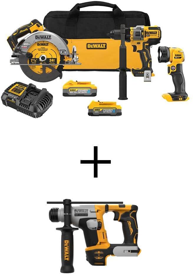 DeWalt 20V MAX Lithium-Ion Cordless 3-Tool Combo Kit and Ultra-Compact 5/8 in. SDS Plus Hammer Drill with 5Ah & 1.7Ah Batteries