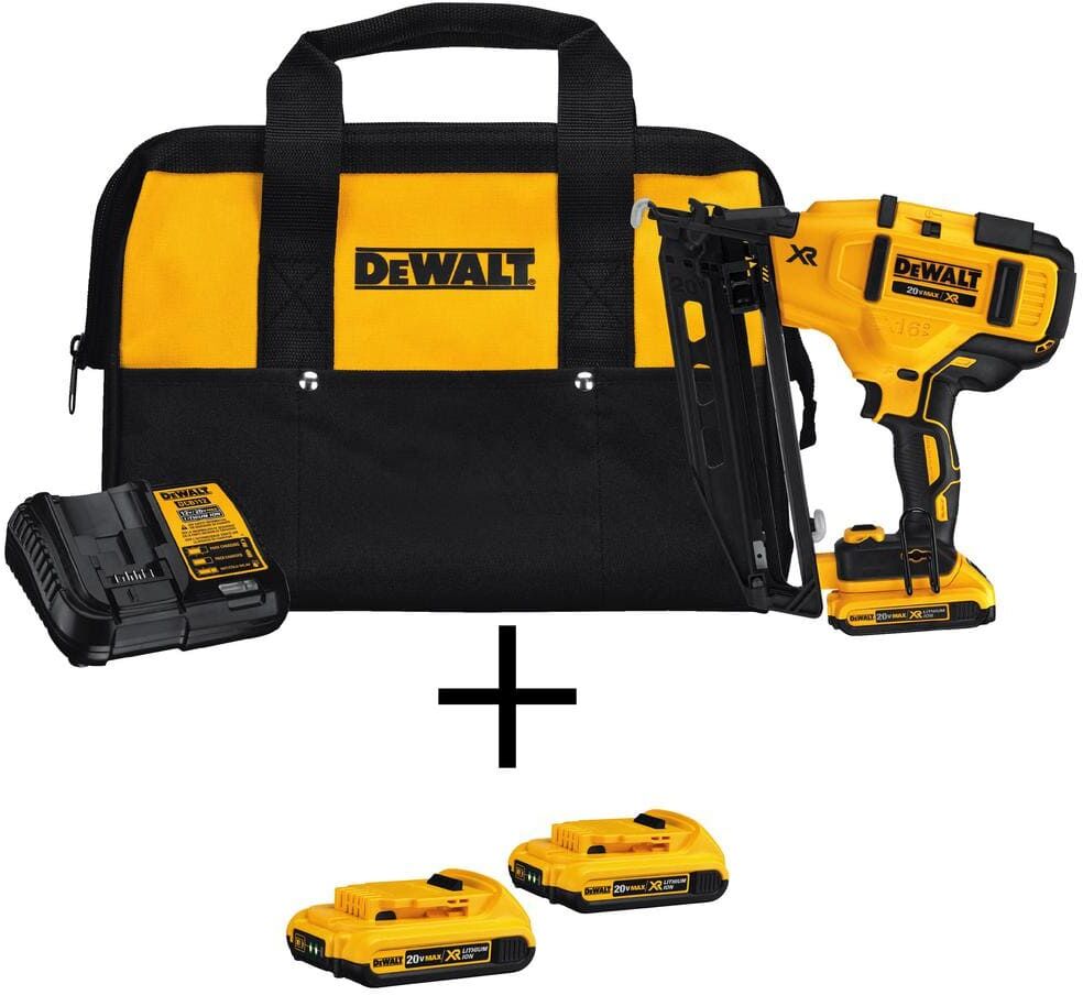 DeWalt 20V MAX XR Lithium-Ion 16-Gauge Cordless Angled Finish Nailer Kit with (3) 2.0Ah Batteries, Charger and Bag