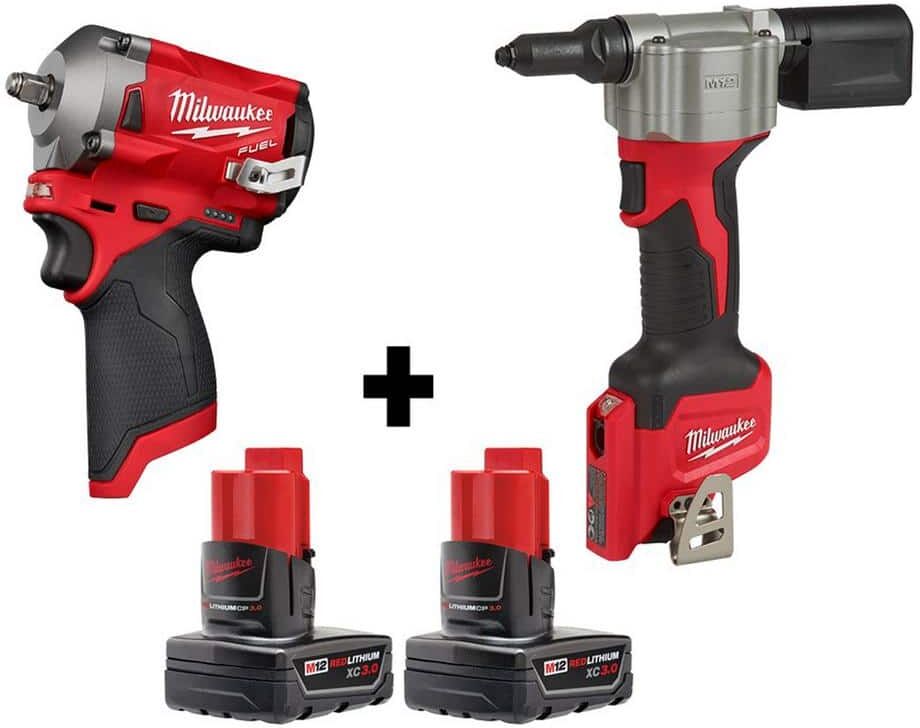 Milwaukee M12 FUEL 12-Volt Lithium-Ion Brushless Cordless Stubby 3/8 in. Impact Wrench and Rivet Tool with Two 3.0 Ah Batteries