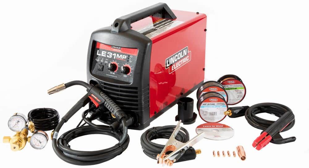 Lincoln Electric 140 Amp LE31MP Multi-Process Stick/MIG/TIG Welder, Magnum Pro 100L Gun, Sample Spool - 1 MIG and 2 Flux-Cored Wire, 120V