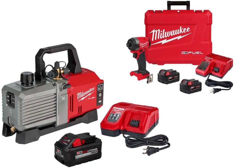 Milwaukee M18 18V Lithium-Ion Cordless 5 CFM Vacuum Pump Kit and M18 FUEL 1/4 in. Hex Impact Driver Kit with Two 5.0Ah Batteries